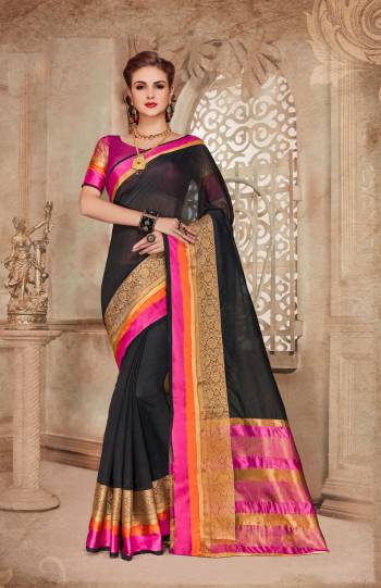 Enhance Your Beauty Wearing This Saree In Black Color Paired With Contrasting Dark Pink Colored Blouse. This Saree Is Fabricated On Cotton Silk Paired With Art Silk Fabricated Blouse. Its Fabrics Ensures Superb Comfort All Day Long. Buy Now. 