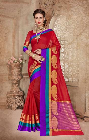 Adorn The Angelic Look Wearing This Saree In Red Color Paired With Red Colored Blouse. This Saree Is Fabricated On Cotton Silk Paired With Art Silk Fabricated Blouse. This Pretty Saree Is Fabricated On Cotton Silk Paired With Art Silk Fabricated Blouse. Both The Fabrics Ensures Superb Comfort All day Long.