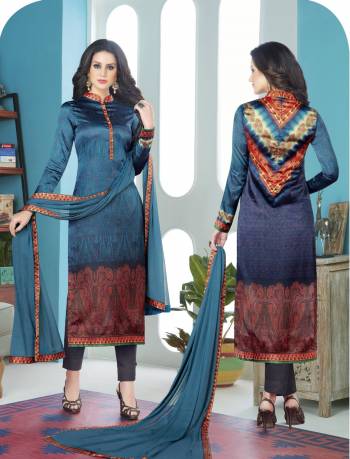 If Those Readymade Suit Does Not Lend You The Desired Comfort Than Grab This Dress Material In Blue Color Paired With Blue Colored Bottom And Dupatta. Its Top Is Fabricated On Satin Paired With Crepe Bottom And Chiffon Dupatta. Get This Dress Material Stitched As Per Your Desired Fit And Comfort.