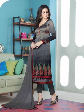 Here Is Color Close To Black. Grab This Dark Grey Colored Dress Material Paired With Dark Grey Colored Bottom And Dupatta. Its Top Is Fabricated On Satin Paired With Crepe Bottom And Chiffon Dupatta. Get This Stitched As Per Your Desired Fit And Comfort.