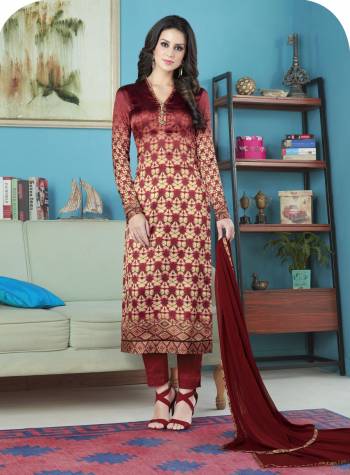 This Pretty Suit Will Give You A Rich Look Like Never Before. Grab This Dress Material In Maroon Color Paired With Maroon Colored Bottom And Dupatta. Its Top Is Fabricated On Satin Paired With Crepe Bottom And Chiffon Dupatta. Get This Amazing Dress Material And Get This Stitched As Per Your Desired Fit And Comfort.