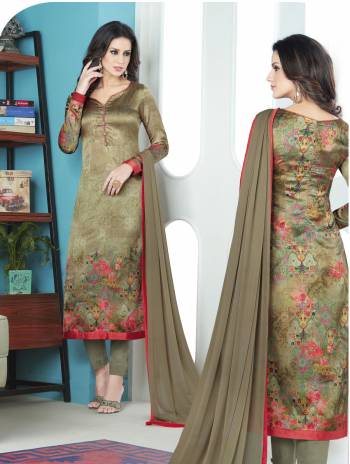 New Shade In Green Is Here With This Dress Material In Olive Green Color Paired With Olive Green Colored Bottom And Dupatta. Its TopIs Fabricated On Satin Paired With Crepe Bottom And Chiffon Dupatta. All three fabrics Ensures Superb Comfort All Day Long. Buy This Dress Material Now.