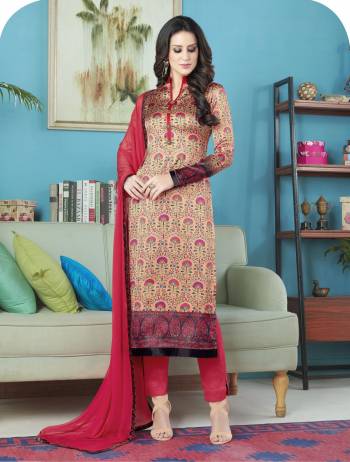 Here Is Suit For Your Semi casual Wear In Beige Color Paired With Red Colored Bottom And Dupatta. Its Top Is Fabricated On Satin Paired With Crepe Bottom And Chiffon Dupatta. All Three fabrics Are Soft Towards Skin And Easy To Carry All Day Long. Buy This Dress Material Now.