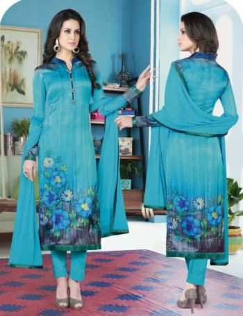 If Those Readymade Suit Does Not Lend You The Desired Comfort Than Grab This Dress Material In Blue Color Paired With Blue Colored Bottom And Dupatta. Its Top Is Fabricated On Satin Paired With Crepe Bottom And Chiffon Dupatta. Get This Dress Material Stitched As Per Your Desired Fit And Comfort.