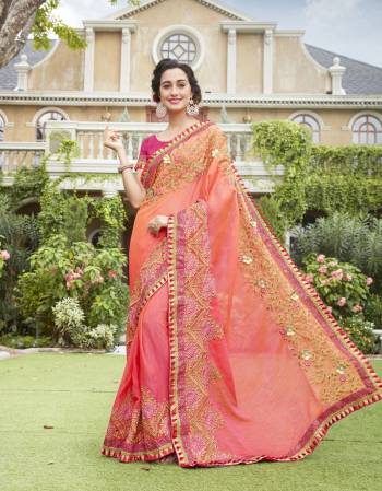 Grab This Heavy Designer Saree Which Is Suitable For All Occasion. This Saree Is In Peach Color Paired With Pink Colored Blouse. This Saree And Blouse Are Fabricated On Art Silk Beautified With Heavy Embroidery. Buy Now.