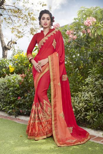 Adorn The Angelic Look Wearing This Saree In Red Color Paired With Red Colored Blouse. This Saree IS fabricated On Silk Georgette Paired With Art Silk Fabricated Blouse. It Is Easy To Drape And Also Durable.