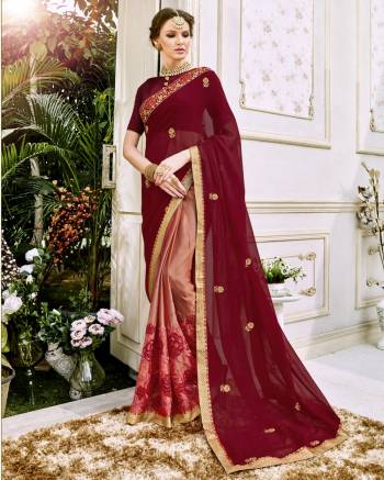 Look Pretty Wearing This Saree In Red And Peach Color Paired With Red Colored Blouse. This Saree Is Fabricated On Chiffon And Art Silk Paired With Art Silk Fabricated Blouse. It Has Beautiful Embroidery Over The Panel And Lace Border.