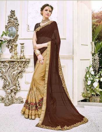 Celebrate This Festive Season With This Elegant Saree In Brown And Beige Color Paired With Brown Colored blouse. This Saree Is Fabricated On Chiffon And Silk Georgette Paired With Art Silk Fabricated Blouse. It Is Light In Weight Easy To Carry Throughout The Gala.