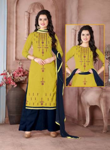 New And Unique Combination With This Dress Material In Pear Green Colored Top Paired With Prussian Blue Colored Bottom And Dupatta. Its Top Is Fabricated On Cambric Cotton Paired With Cotton Bottom And Chiffon Dupatta. Its all Three Fabrics Ensures Superb Comfort All Day Long. Buy Now.