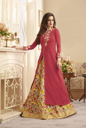 Get Ready For The Next Function With This Indo-Western Suit In Pink Colored Top Paired With Multi Colored Lehenga And Pink Colored Dupatta. Its Top Is Fabricated On Satin Paired With Printed Santoon Lehenga And Chiffon Dupatta. This Readymade Suit Ensures Superb Comfort All Day Long.