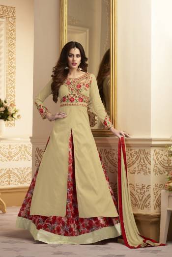 Another Designer Indo-Western Suit Is Here With This Beige Colored Top Paired With Red Colored Lehenga And Bege Dupatta.  This Readymade Suit Is Fabricated On Satin Silk Paired With Printed Santoon Lehenga And Chiffon Dupatta. Its Has Attractive Embroidery Over The Yoke. Buy Now.