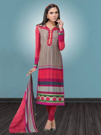 For Your Casual Wear Grab This Comfortable Suit Which Is Soft Towards Skin Which Is In Grey And Pink Color Paired With Pink Colored Bottom And Dupatta. Its Top and Bottom Are Fabricated On Crepe Paired With Chiffon Dupatta. Buy This Suit Now.