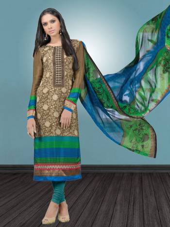 Grab This Casual Straight Cut Suit In Brown Color Paired With Blue Colored Bottom And Dupatta. Its Top and Bottom Are Fabricated On Crepe Paired With Chiffon Dupatta. It Also Ensures Superb Comfort All Day Long.