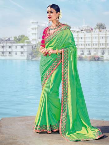 Attractively Gorgeous mesmerizing is what you will look at the next wedding gala wearing this beautiful green color two tone silk fabrics saree. Ideal for party, festive & social gatherings. this gorgeous saree featuring a beautiful mix of designs. Its attractive color and designer embroidered design, moti design, beautiful floral design work over the attire & contrast hemline adds to the look. Comes along with a contrast unstitched blouse.