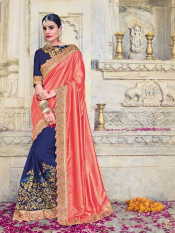 Get this amazing saree from Indian Women and look pretty like never before. wearing this orange and blue color two tone silk fabrics and chinon saree. Ideal for party, festive & social gatherings. this gorgeous saree featuring a beautiful mix of designs. Its attractive color and designer embroidered design, patch design, beautiful floral design work over the attire & contrast hemline adds to the look. Comes along with a contrast unstitched blouse.