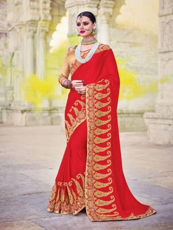 Flaunt your gorgeous look wearing this red color moss chiffon saree. Ideal for party, festive & social gatherings. this gorgeous saree featuring a beautiful mix of designs. Its attractive color and designer embroidered design, paper mirror design, beautiful floral design work over the attire & contrast hemline adds to the look. Comes along with a contrast unstitched blouse.