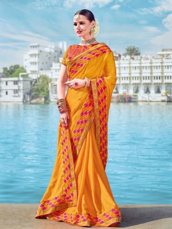 You Look elegant and stylish this festive season by draping this musturd yellow color two tone bright georgette saree. Ideal for party, festive & social gatherings. this gorgeous saree featuring a beautiful mix of designs. Its attractive color and designer embroidered design, patch design, beautiful floral design work over the attire & contrast hemline adds to the look. Comes along with a contrast unstitched blouse.