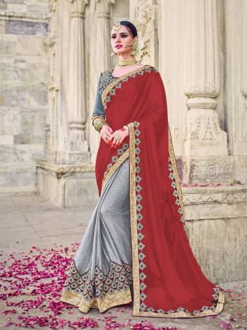 Wear this maroon and grey color two tone bright georgette and fancy lycra saree. Ideal for party, festive & social gatherings. this gorgeous saree featuring a beautiful mix of designs. Its attractive color and designer embroidered design, patch design, stone, beautiful floral design work over the attire & contrast hemline adds to the look. Comes along with a contrast unstitched blouse.