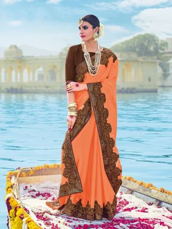 Presenting this orange color two tone bright georgette saree. Ideal for party, festive & social gatherings. this gorgeous saree featuring a beautiful mix of designs. Its attractive color and designer embroidered design, patch design, stone, beautiful floral design work over the attire & contrast hemline adds to the look. Comes along with a contrast unstitched blouse.