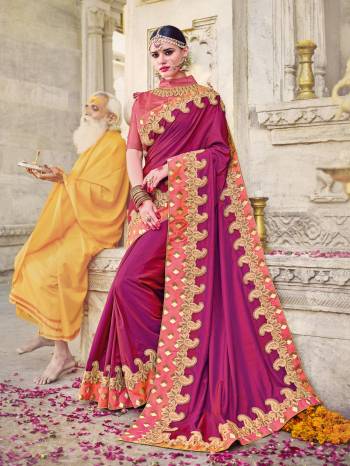 Bring out the best in you when wearing this magenta pink color two tone silk fabrics saree. Ideal for party, festive & social gatherings. this gorgeous saree featuring a beautiful mix of designs. Its attractive color and designer embroidered design, patch design, stone, moti, beautiful floral design work over the attire & contrast hemline adds to the look. Comes along with a contrast unstitched blouse.