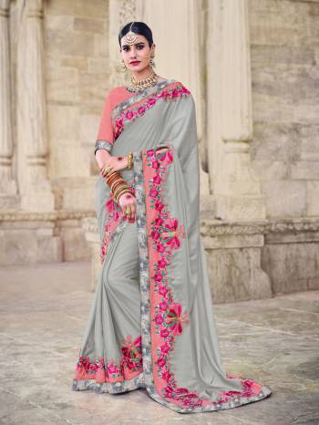 Vibrant and visually appealing, this grey color two tone bright georgette saree. Ideal for party, festive & social gatherings. this gorgeous saree featuring a beautiful mix of designs. Its attractive color and designer embroidered design, patch design, stone, moti, beautiful floral design work over the attire & contrast hemline adds to the look. Comes along with a contrast unstitched blouse.