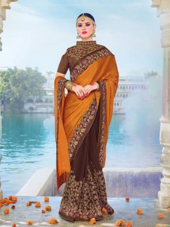 Look your ethnic best by wearing this musturd yellow and brown color two tone bright georgette saree. Ideal for party, festive & social gatherings. this gorgeous saree featuring a beautiful mix of designs. Its attractive color and designer embroidered design, patch design, stone, moti, beautiful floral design work over the attire & contrast hemline adds to the look. Comes along with a contrast unstitched blouse.