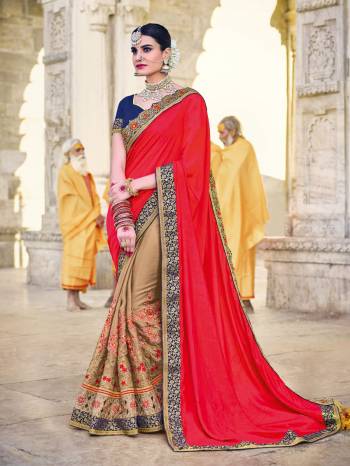 Look gorgeous in this beautiful printed dark pink and beige color two tone silk fabrics and moss chiffon saree. Ideal for party, festive & social gatherings. this gorgeous saree featuring a beautiful mix of designs. Its attractive color and designer embroidered design, patch design, stone, moti, beautiful floral design work over the attire & contrast hemline adds to the look. Comes along with a contrast unstitched blouse.