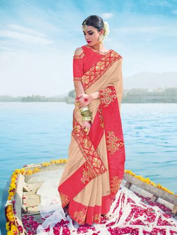 You Look elegant and stylish this festive season by draping this beige & Pink color two tone bright georgette saree. Ideal for party, festive & social gatherings. this gorgeous saree featuring a beautiful mix of designs. Its attractive color and designer embroidered design, patch design, stone, beautiful floral design work over the attire & contrast hemline adds to the look. Comes along with a contrast unstitched blouse.