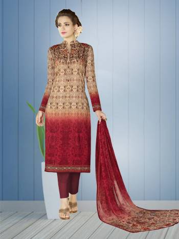 For Your Regular Wear Or Semi-Casual Wear This Suit Is Perfect. Its Top Is In Brown And Red Color Paired With Maroon Colored Bottom And Red Dupatta. This Dress Material Is Fabricated On Lawn Cotton Paired With Chiffon Dupatta. Buy This Suit Now.