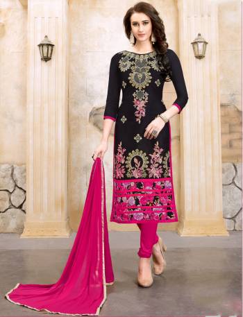 Enhance Your Beauty Wearing This Black Colored Suit Paired With Dark Pink colored Bottom And Dupatta. Its Top Is Fabricated On Modal Cotton Paired With Cotton Bottom And Chiffon Dupatta. Get This Dress Material Stitched As Per Your Desired Fit And Comfort.