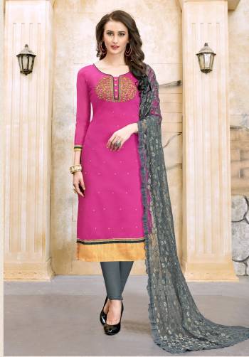 If Those Readymade Suits Does not Lend You The Desired Comfort Than Grab This Dress Material In Pink Color Paired With Contrasting Grey Colored Bottom and Dupatta. Its top Is Fabricated On Modal Cotton Paired With Cotton Bottom And Net Dupatta. Its All Three fabrics Are Light In Light In Weight, Get This Stitched As Per Your Desired Fit And Comfort.