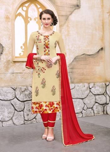 Simple And Elegant Looking Dress Material Is Here With This Cream Colored top Paired With Red Colored Bottom And Dupatta. Its Top Is Fabricated On Modal Cotton Paired With Cotton Bottom And Chiffon Dupatta. It Is Light Weigt And Easy To Carry All Day Long.