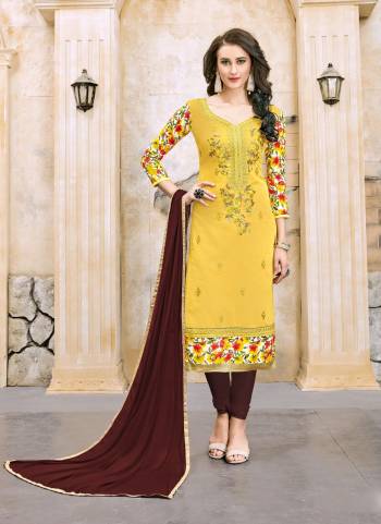 Look Pretty Wearing This Suit In Yellow Colored Top Paired With Contrasting Brown Colored Bottom And Dupatta. Its Top Is Fabricated On Modal Cotton Paired With Cotton Bottom And Chiffon Dupatta. This Dress Material Ensures Superb Comfort All Day Long.