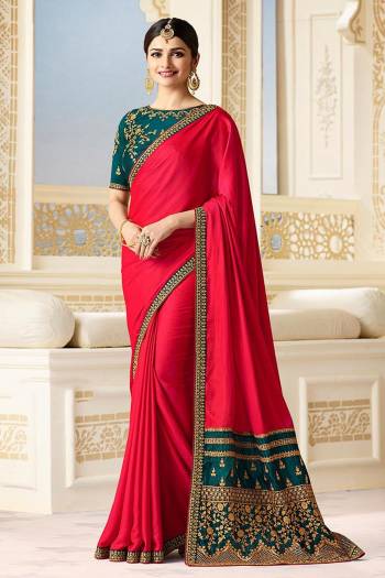 Shine Bright Wearing This Saree In Dark Pink Color Paired With Contrasting Teal Blue Colored Blouse. This Saree Is Fabricated On Silk Paired With Art Silk Fabricated Blouse. It Has Detailed Embroidery Over The Blouse And Pallu. Buy This Designer Saree Now.