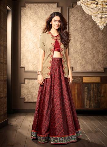 Grab This Jacqket Styled Patterned Indo-Western Suit In Red Color Paired With Maroon Lehenga And Beige Dupatta. This Dress Is Light In Weight And Also Easy To Carry All Day Long. Buy It Now.