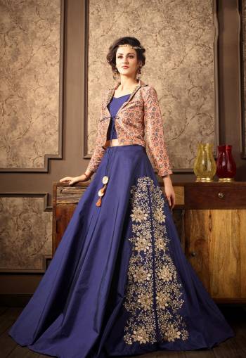 Here Is A Designer Indo-Western Suit Blue And Beige Color Paired With Colored lehenga And Dupatta. Its Has Embroidery And Print Over Its Jacket With Designer Embroidery Over The Lehenga. This Dress Is Light Weight And easy To Carry All Dy Lonh.