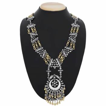 Grab This Pretty Oxidized Necklace Which Can Be Paired with Any Traditonal Wear Or Even A Simple Kurti. It Is In Silver Color And Long Necklace.