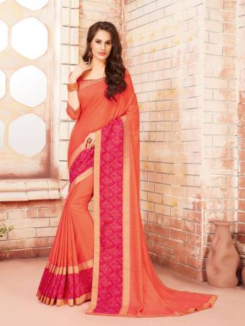 Orange Color Induces Perfect Summery Appeal To Any Outfit So grab This Saree In Orange Color Paired With Orange Colored Blouse. This Saree Is Fabricated On Silk Georgette Paired With Georgette Fabricated Blouse. It Has Attractive Lace Border In Contrasting Pink Color. Buy This Saree Now. 