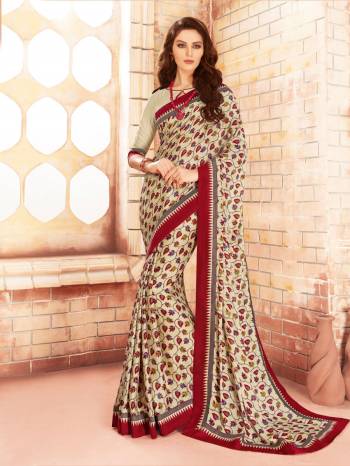 Grab This Saree In Cream Color Paired With Cream Colored Blouse. This Saree Is Fabricated On Silk Georgette Paired With Georgette Fabricated Blouse. This Saree Is Beautified With Floral Prints All Over It. Buy This Saree Now.  