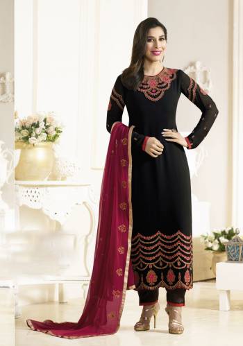 Enhance Your Beauty Wearing This Straight Cut Suit In Black Color Paired With Contrasting Magenta Pink Colored Dupatta. Its Top Is Fabricated On Georgette Paired With Santoon Bottom And Chiffon Dupatta. Its Has Detailed Contrasting Embroidery Over The Suit Making It Attractive, Buy Now.