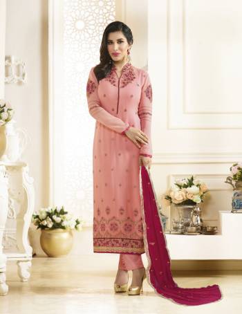 Look Pretty Wearing This Straight Cut Suit In Pink Color Paired With Pink Colored Bottom and Dark Pink Colored Dupatta. Its Top Is Fabricated On Georgette Paired With Santoon Bottom And Chiffon Dupatta. All Its Fabrics Ensures Superb Comfort All Day Long. Buy Now.