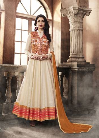 Simple and Elegant Looking Designer Floor Length Suit Is Here In Off-White Color Paired With Off-White Colored Bottom And Rust Orange Colored Dupatta. Its Top Is Fabricated On Art Silk Paired With Santoon Bottom And Chiffon Dupatta. Its Jacket Pattern Will Give A More Formal Look.