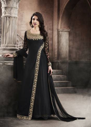 Enhance Your Beauty Wearing This Designer Floor Length Suit In Black Color Paired With Black Colored Bottom And Dupatta. Its Top Is Fabricated On Georgette Paired With Santoon Bottom And Chiffon Dupatta. This Suit Ensures Superb Comfort All Day Long. Buy Now.