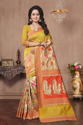 Add This Lovely Shade Of Yellow To Your Wardrobe In Musturd Yellow Colored Saree Paired With Musturd Yellow Colored Blouse. This Saree And Blouse Are Fabricated On Banarasi Art Silk Beautified With Weave. 