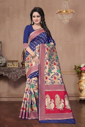 Flaunt Your Rich Taste Wearing this Banarasi Silk Saree In Blue Color Paired With Blue Colored Blouse. This Saree And Blouse Are Fabricated On Banarasi Art Silk Beautified With Weave. It Is Light In Weight And Easy To Carry All Day Long.