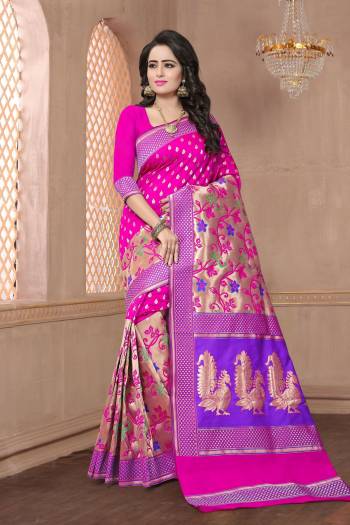 Bright And Visually Appealing Color Is Here With This Banarasi Saree In Fuschia Pink Color Paired With This Fuschia Pink Colored Blouse. This Saree And Blouse Are Fabricated On Banarasi Art Silk Beautified With Weave. Buy It Now.