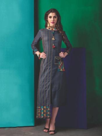 Enhance Your Personality wearing this Beautiful Kurti In Navy Blue Color Fabricated On Cotton. This Kurti Has Asymteric pattern With Multi Colored Thread Embroidery. Buy It Now.