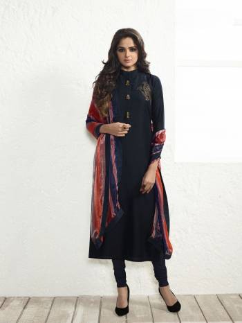 Enhance Your Beauty Wearing This Suit In Navy Blue Color Paired With Navy Blue Bottom And Multi Colored Dupatta. Its Has Readymade Top Fabricated On Maslin Silk Paired With Santoon Bottom And Maslin Silk Dupatta. All Three Fabrics Are Soft Towards Skin And Easy To Carry All Day Long.