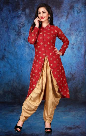 Grab This Semi-Stitched Designer Suit In Red Color Paired With Beige Colored Bottom. Its Top Is Fabricated On Cotton Paired With Santoon Bottom. Both Its Fabrics Ensures Superb comfort All Day Long.