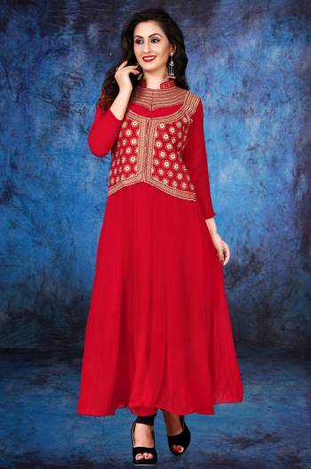 Adorn The Angelic Look Wearing This Red Colored Suit Paired With Black Colored Bottom And Dupatta. Its top Is Fabricated On Georgette Paired With Santoon Bottom And Chiffon Dupatta. All Three Fabrics Ensures Superb Comfort All Day Long.